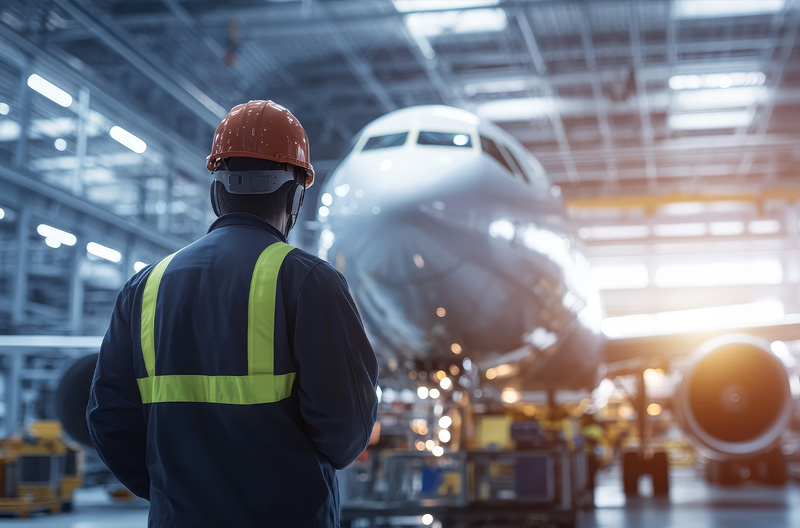 Maintenance worker in safety gear inspecting aircraft in hangar, representing how MRO management systems improve safety, compliance, and turnaround time for aviation operations