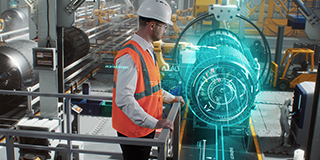 Engineer in safety vest viewing digital twin of aircraft engine, illustrating how aviation MRO software integrates with predictive maintenance and compliance systems.