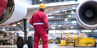 Aircraft technician in red uniform inspecting airplane in hangar, representing how MRO platforms support safety, compliance, and efficient aviation maintenance operations.