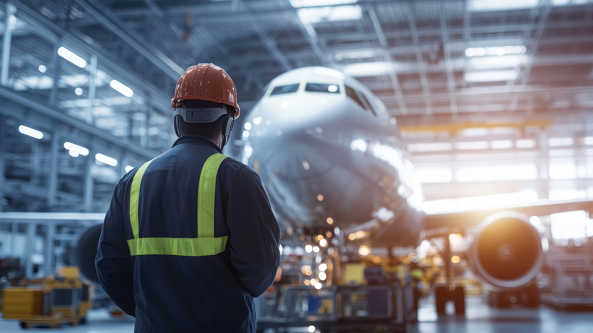 Maintenance worker in safety gear inspecting aircraft in hangar, representing how MRO management systems improve safety, compliance, and turnaround time for aviation operations.
