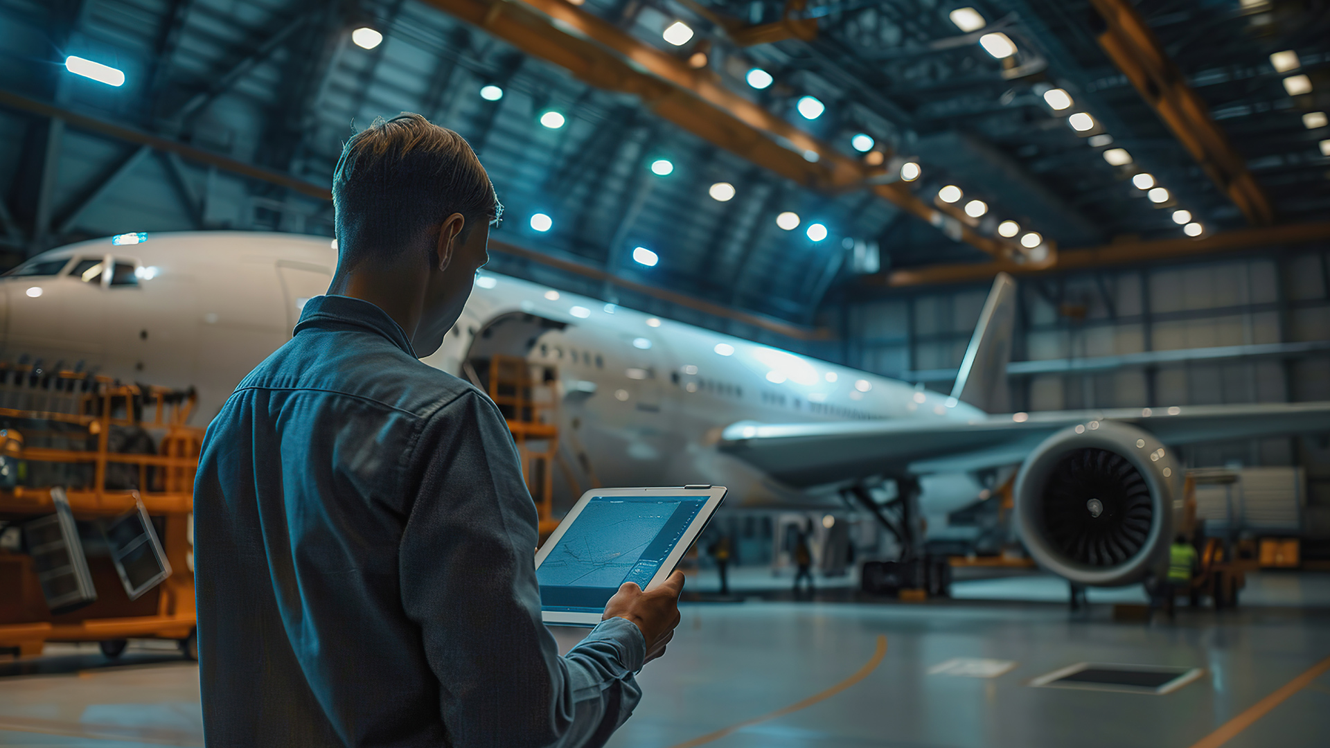 Engineer using tablet in aircraft hangar with jet undergoing service, illustrating how MRO software and aviation systems support maintenance planning and compliance.