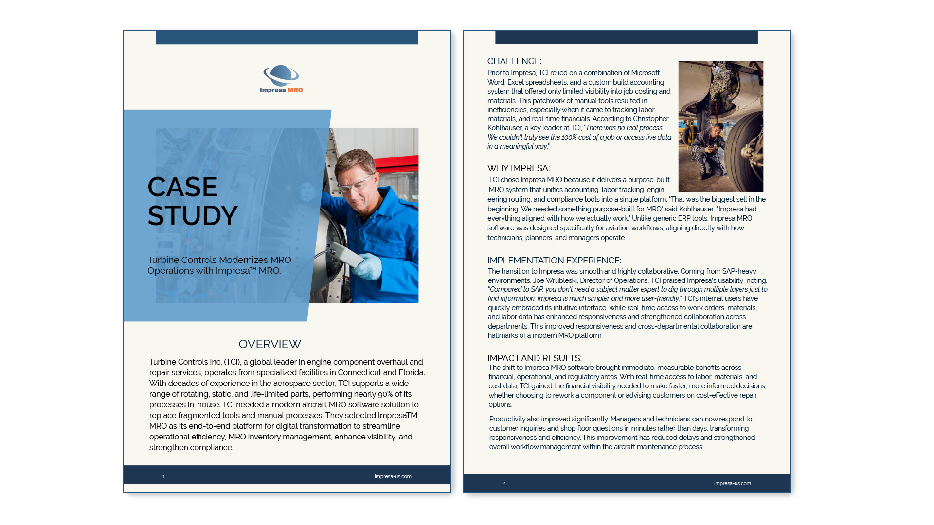 Case study cover showing technician and aircraft engine, highlighting how Impresa MRO platform modernizes operations with real-time visibility, compliance, and decision-making.