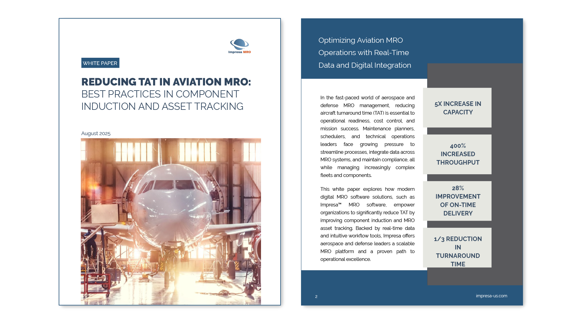 White paper cover titled Reducing TAT in Aviation MRO, featuring aircraft in hangar, highlighting best practices in component induction, asset tracking, and MRO management.