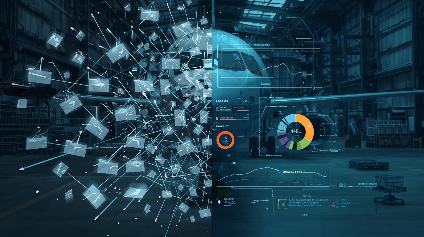 Aviation MRO workflows transitioning from disconnected processes to a connected digital maintenance system, illustrating modern MRO management and aircraft maintenance software.