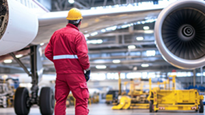 Aircraft technician in red uniform inspecting airplane in hangar, representing how MRO platforms support safety, compliance, and efficient aviation maintenance operations.